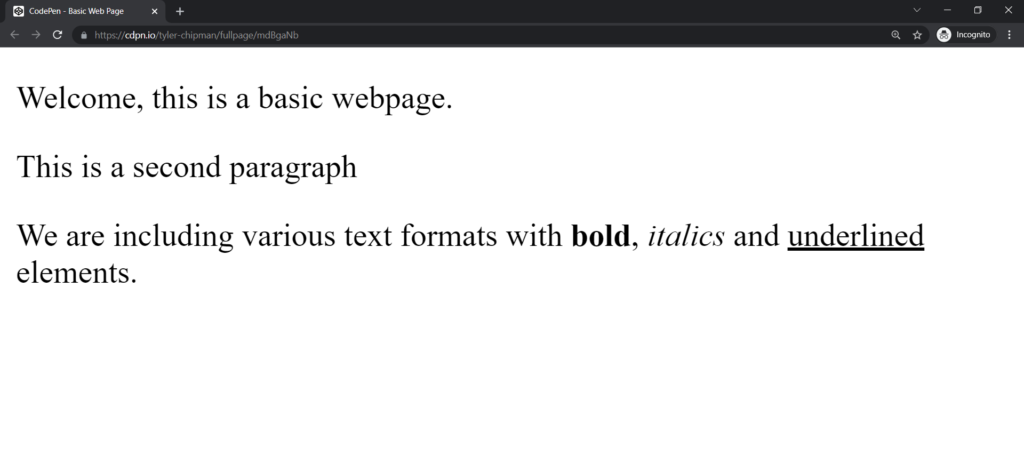 Creating a Web Page With Bold, Underline, and Italic Elements